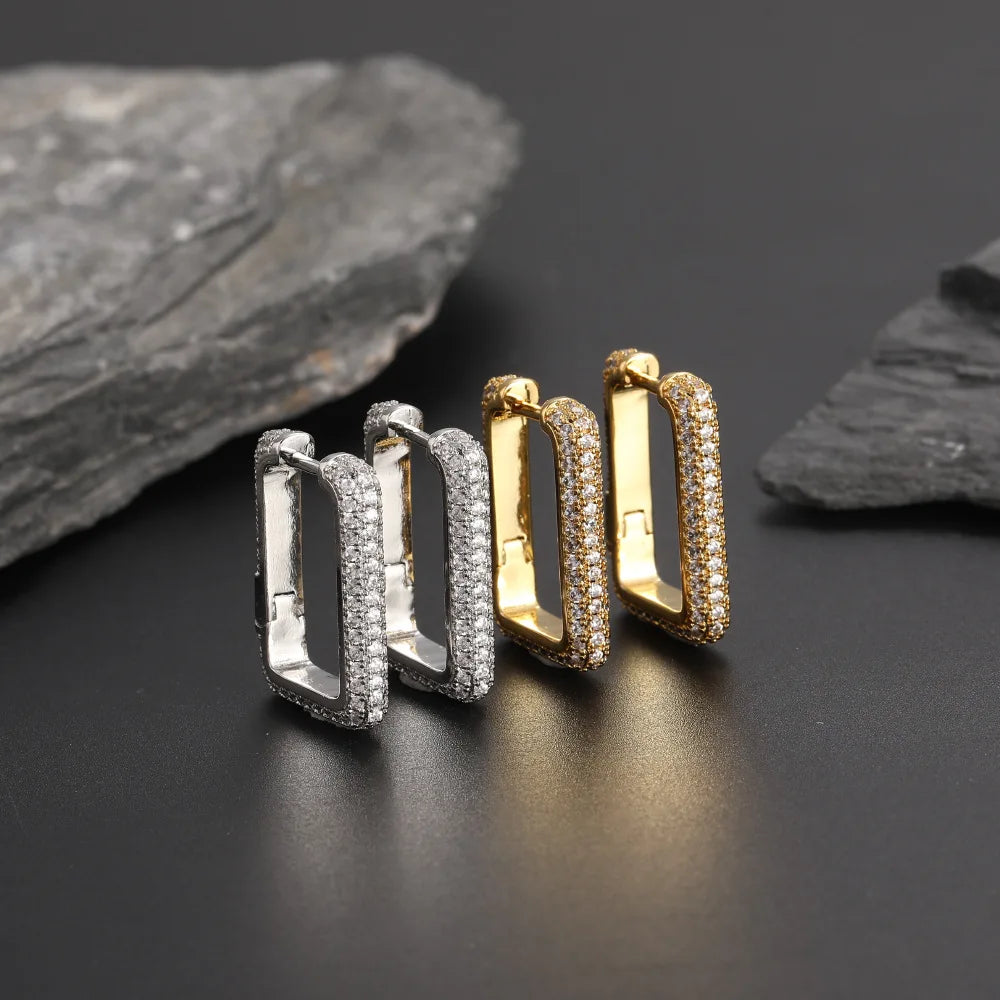 18K Gold Silver Plated Brass Ear Cuff Stud Hip Hop Earring CZ Rectangle Cubic Zircon Diamond Hoop Earrings for Women