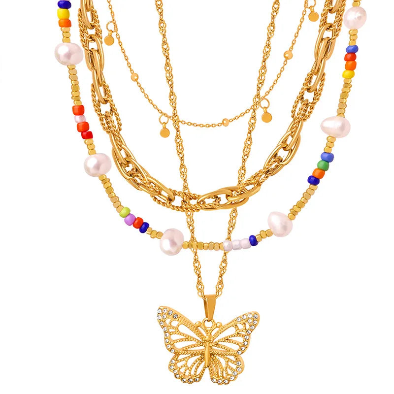 Dainty 18K Gold Plated White Seashell Geometric Necklace Non Tarnish Stainless Steel Crystal CZ Butterfly Necklace for Women