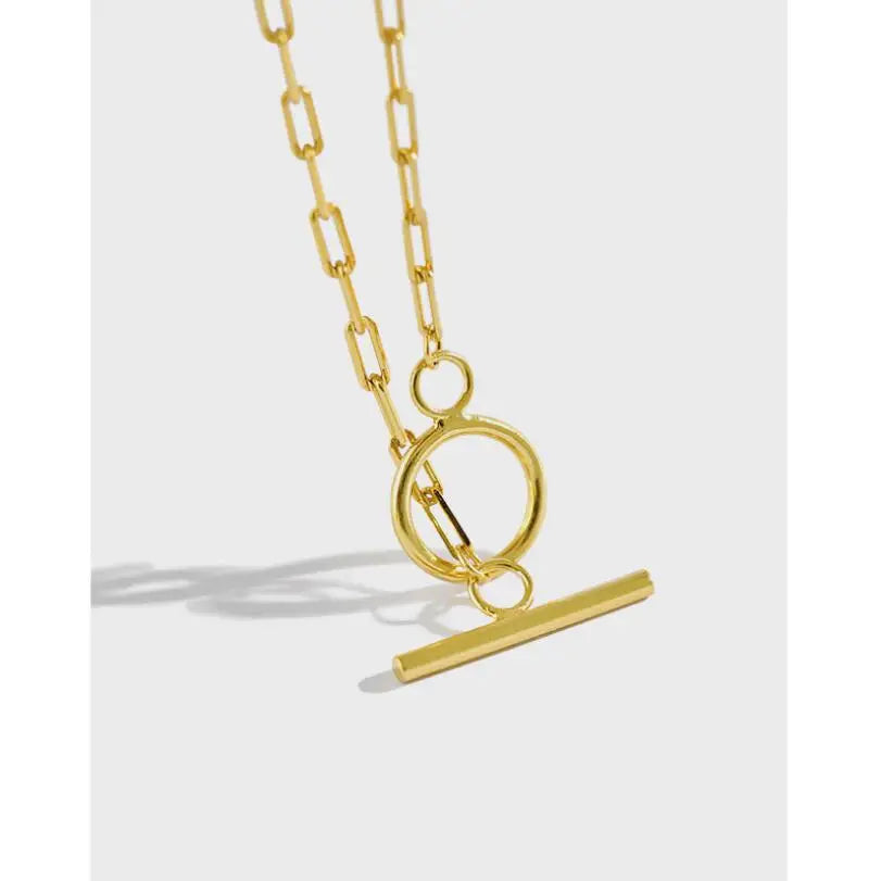 CX015  925 Sterling Silver Necklace 18K Gold Plated Paperclip T Bar Choker Basic Chain for Women Jewelry
