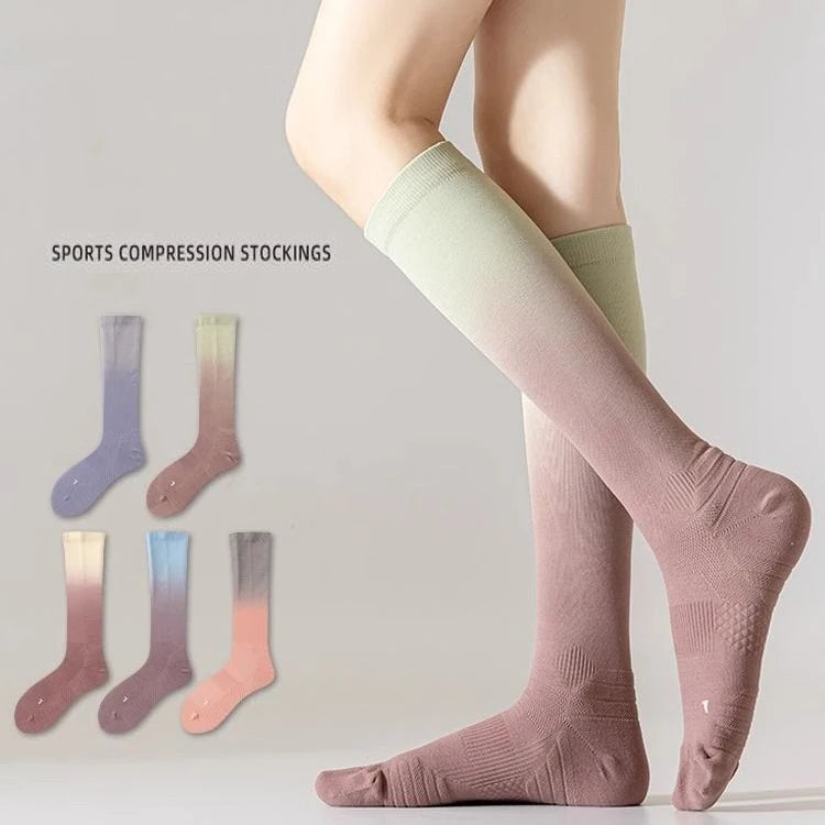 Trendy Breathable Gradient Color Gradient Pressure Knee High Stockings Compression Socks Running for Women Sports