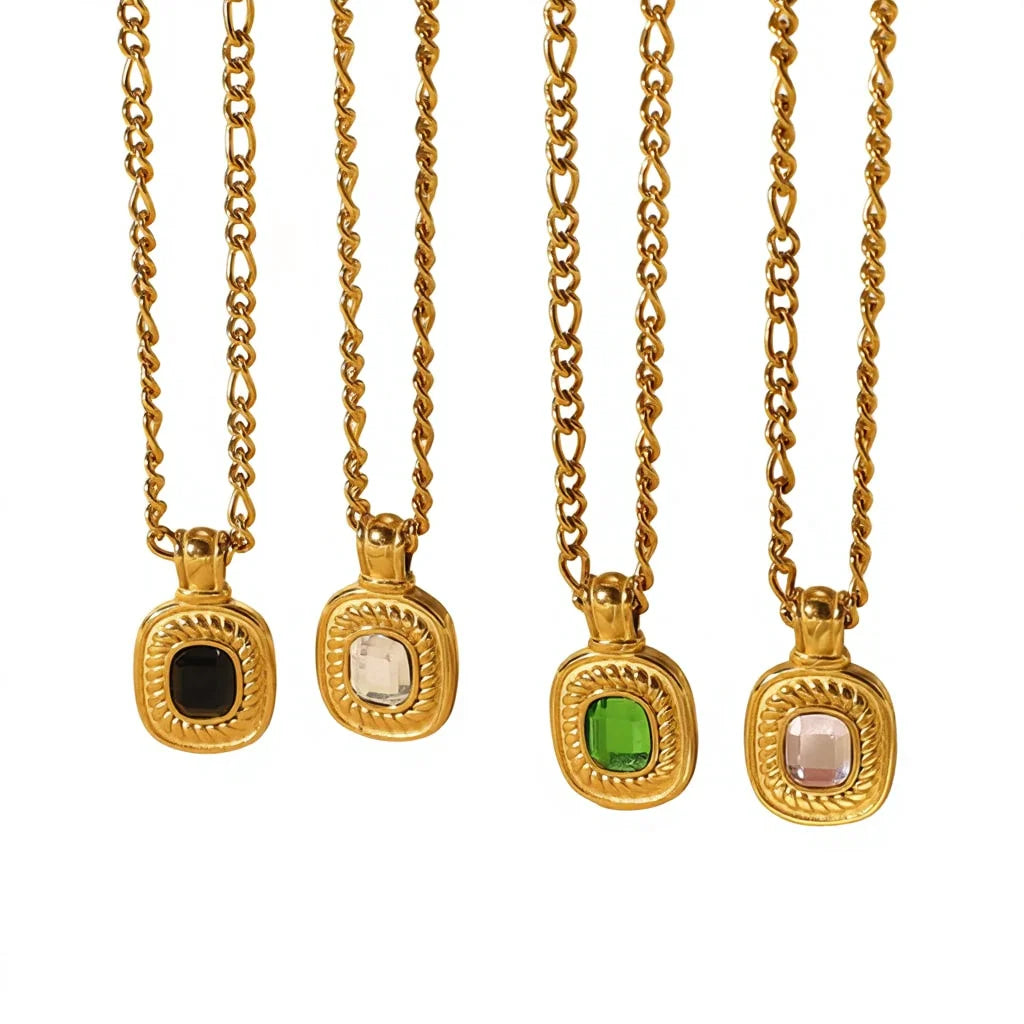 Stainless Steel 18K Gold Plated Classic Square Zircon Pendant Necklace Link Chain Wedding Party Engagement Gift Women's Jewelry