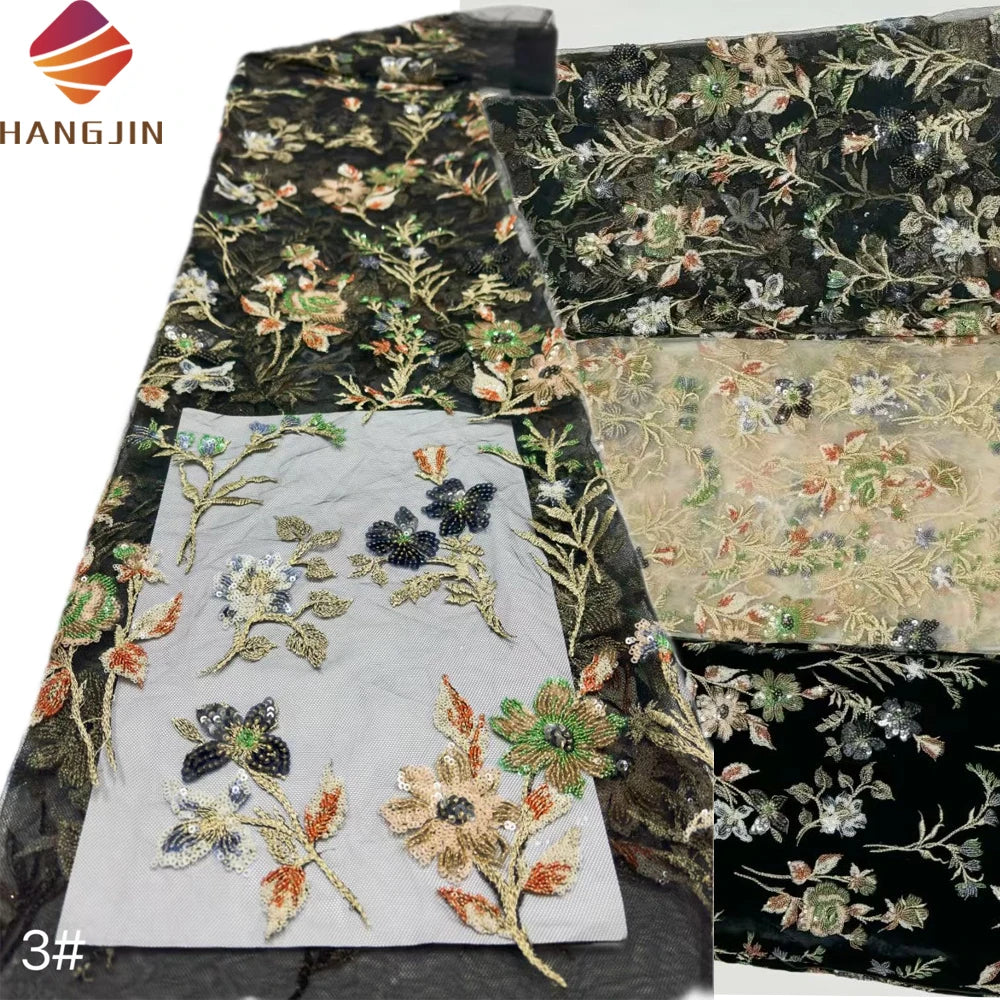 French Lace Fabric Custom Embroidery 3D Tulle Flower Bead Luxury Embroidered Sequins Nigerian Velvet Lace Fabric for Party Dress