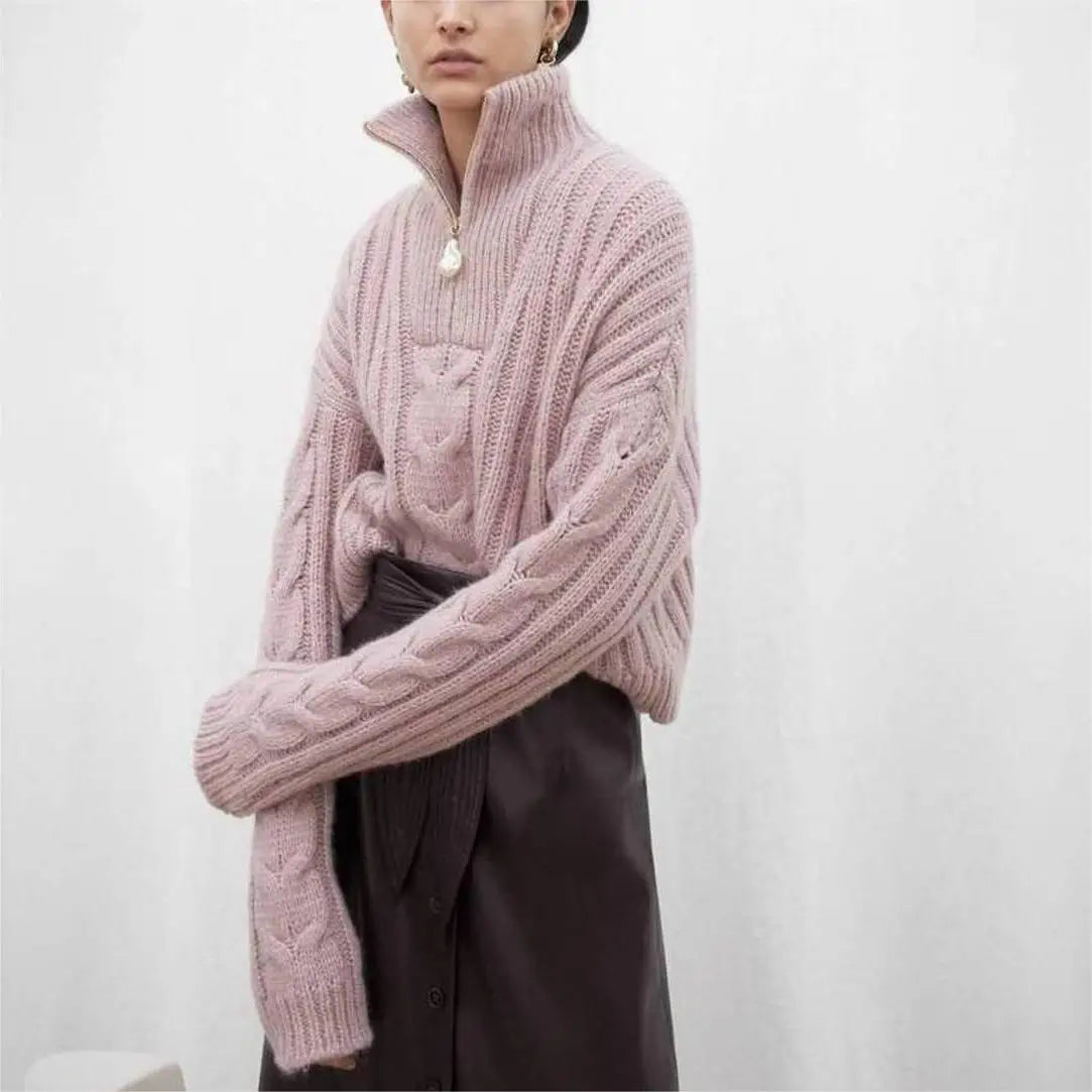 Supplier Custom Women's Chunky Cable Knit 1/4 Zipper Knitwear Quality Alpaca Wool Quarter Zip up Cropped Sweater Women