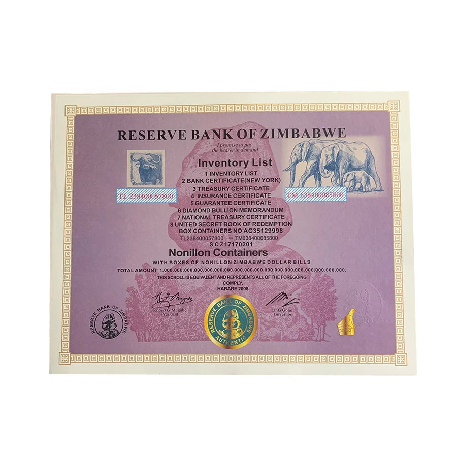 Reserve Bank of Zimbabwe Fifty Containers Serial Number Zimbabwe Nonillon Containers Banknote Certificate Collectible Gift