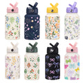 650ml Flower Printed Vacuum Flask Double Layer Stainless Steel Water Bottle Portable Handle Outdoor Sports Straw Drink Bottle