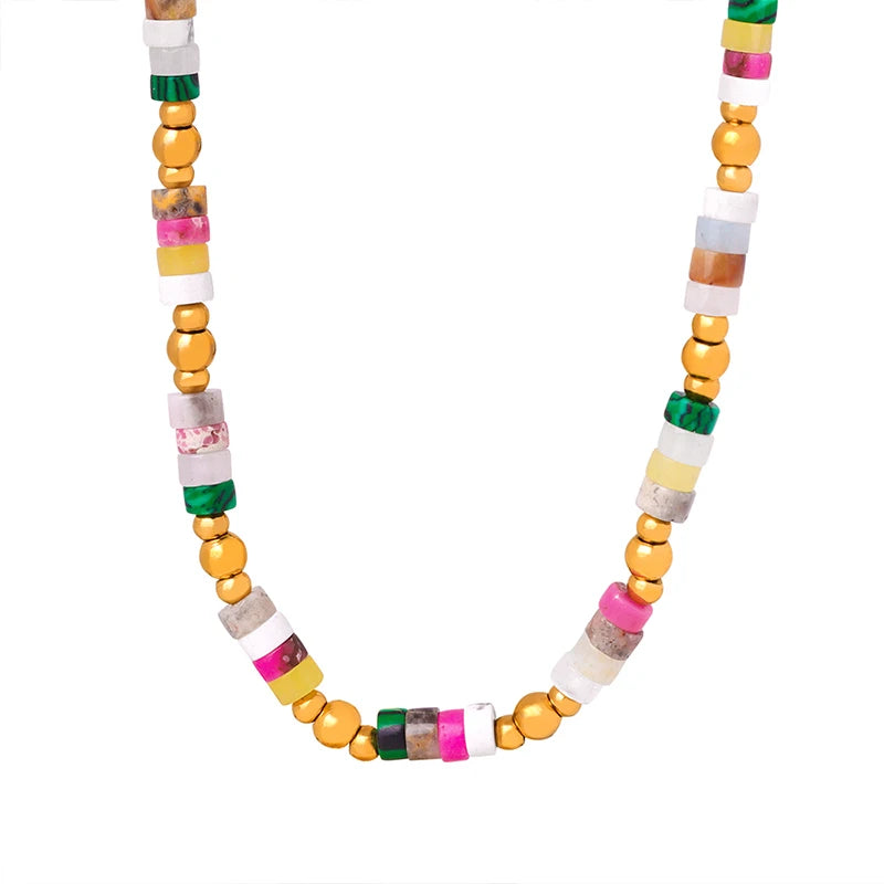 Fashion Bohemian Colorful Bead Stainless Steel 18K Gold Plated Beaded Chain Pendant Necklace for Women Daily Wear
