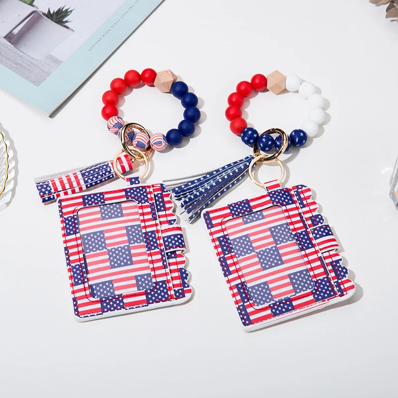 July 4th Independence Day Tassel Wristlet Keychain American Flag Silicone Wooden Beaded Women Id Credit Card Wallet Keychain