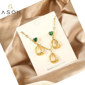 Ason Stainless Steel Zircon Heart Simple 18K Gold Plating Necklace Earring Jewelry Set Fashion Jewelry Set for Women