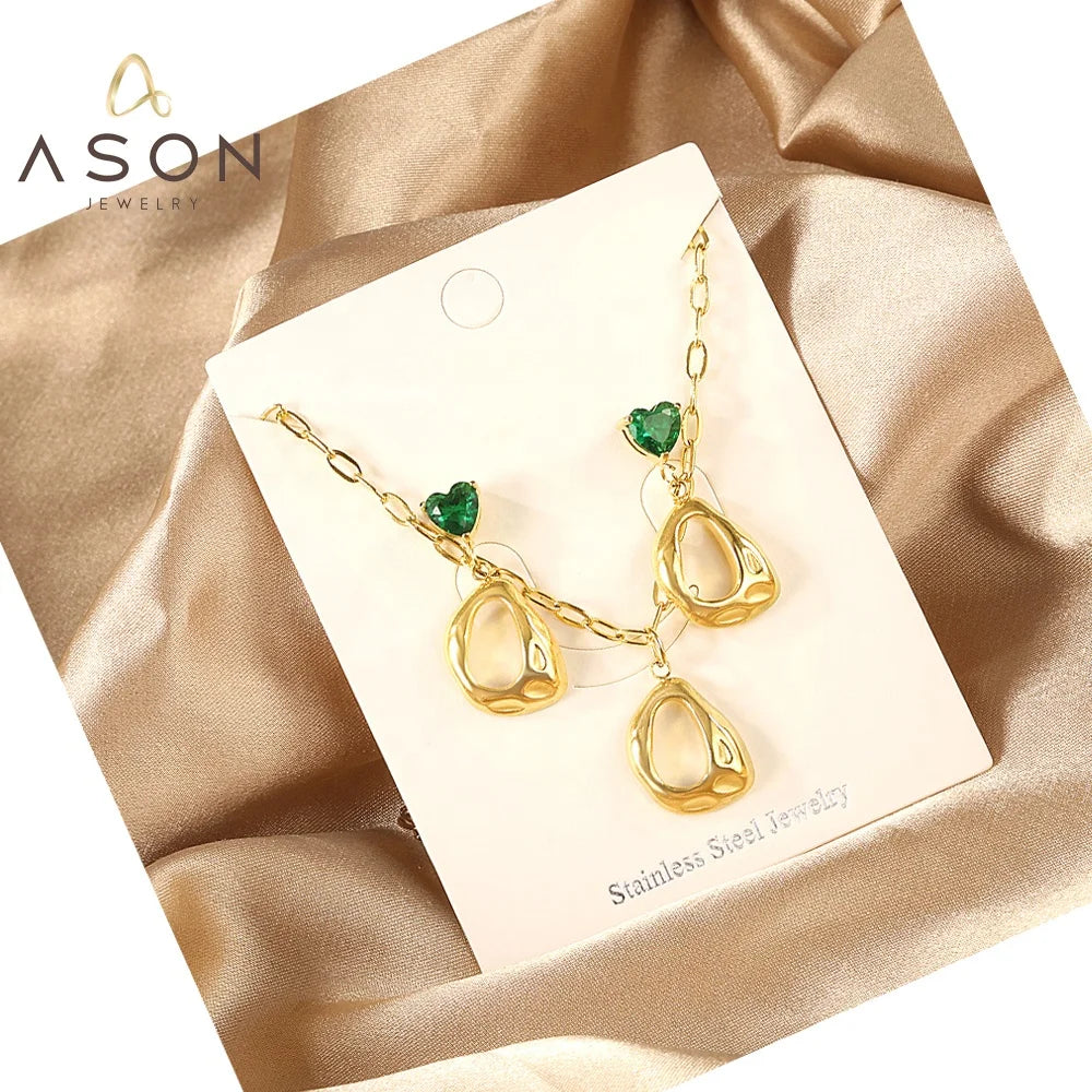 Ason Stainless Steel Zircon Heart Simple 18K Gold Plating Necklace Earring Jewelry Set Fashion Jewelry Set for Women