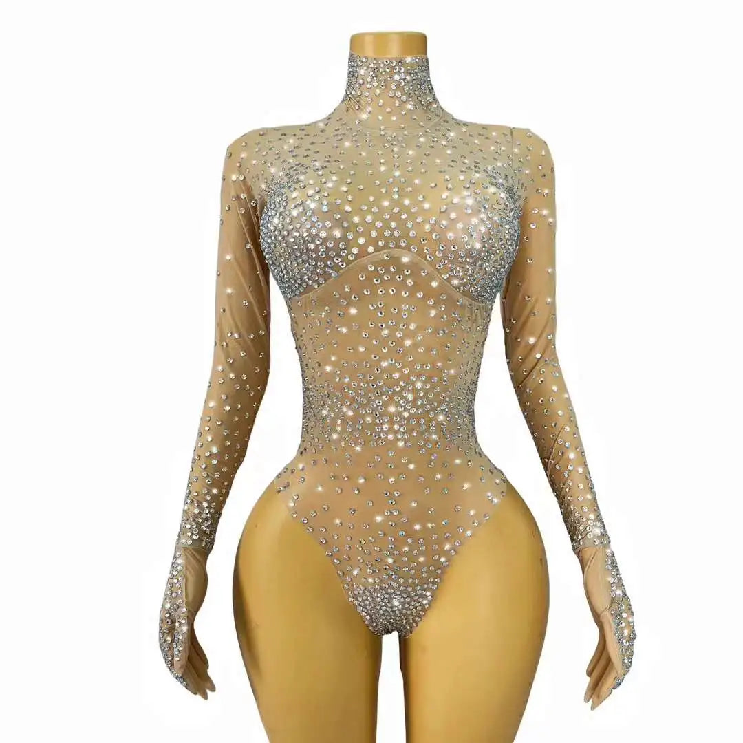 Sexy Nude See Through Diamond One Piece Jumpsuit Festival Clothing Stripper Pole Dance Leotard Women Stage Performance Bodysuits