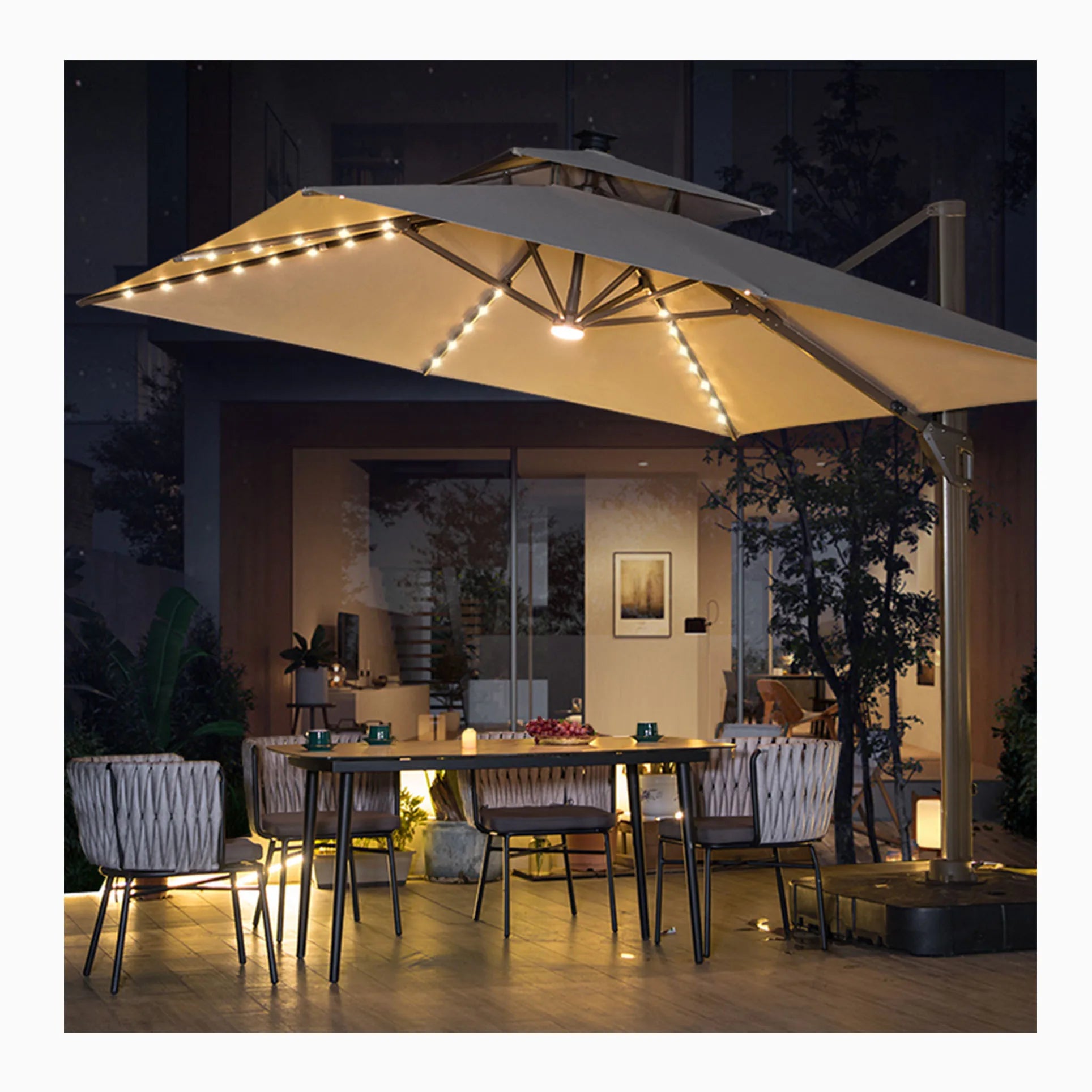 2024 Sunshade Parasol Manual Lift Solar Umbrella Led Lights Patio Garden Modern Rotatable Roma Umbrella Outdoor Umbrella