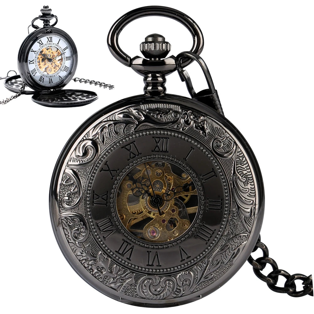 Double Hunter Hand-winding Skeleton Mechanical Movement Pocket Watch Manual Winding Retro Fob Chain Watch with Two Open Case