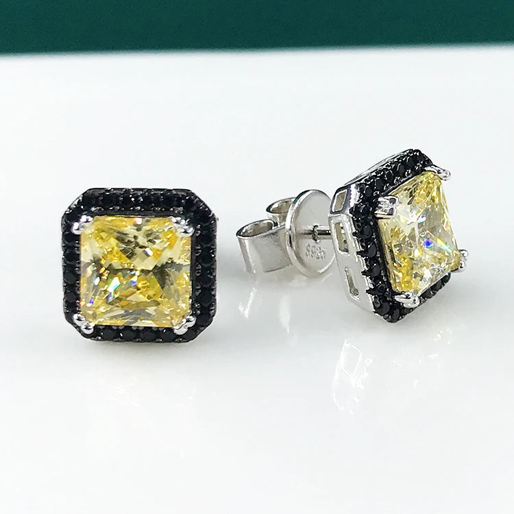 Fashion Yellow Stone Stud Earrings Jewelry Women Simple Square Gem Earrings S925 Silver Pave Zircon Stud Earrings