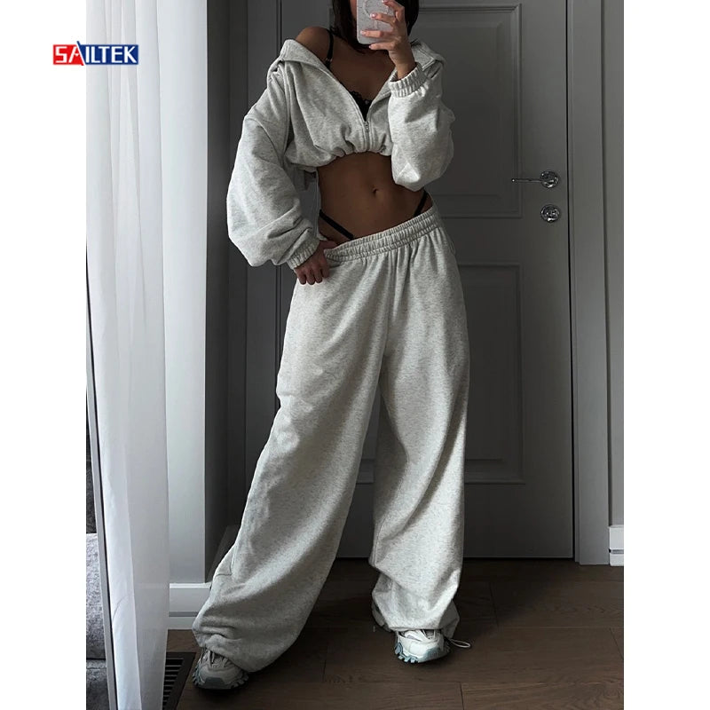 2025 Clothes for Women Y2k Track Suit Wholesale Zip up Sweatsuits Custom Two Piece Cropped Zipper Hoodie and Sweatpants Set