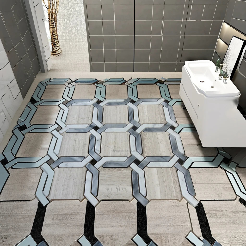 Polished Irregular Shape Natural Stone Carrara White Marble Mosaic Tile Modern Parquet Interior Hotel Mall Wall Art