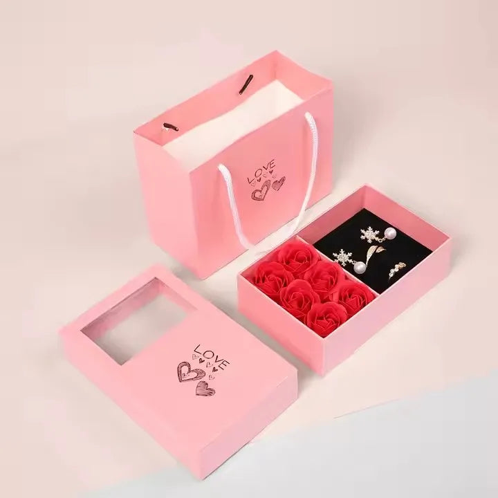 Earrings Necklace Black Jewelry Paper Box Soap Flowers Rose Gift Box for Valentine's Day