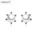 LUOTEEMI Pearl Latest Design Rhodium White Gold  Plated 3A Zircon Brass Stud Glass Pearl Earrings