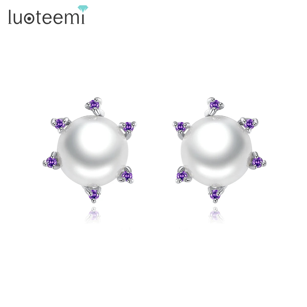 LUOTEEMI Pearl Latest Design Rhodium White Gold  Plated 3A Zircon Brass Stud Glass Pearl Earrings