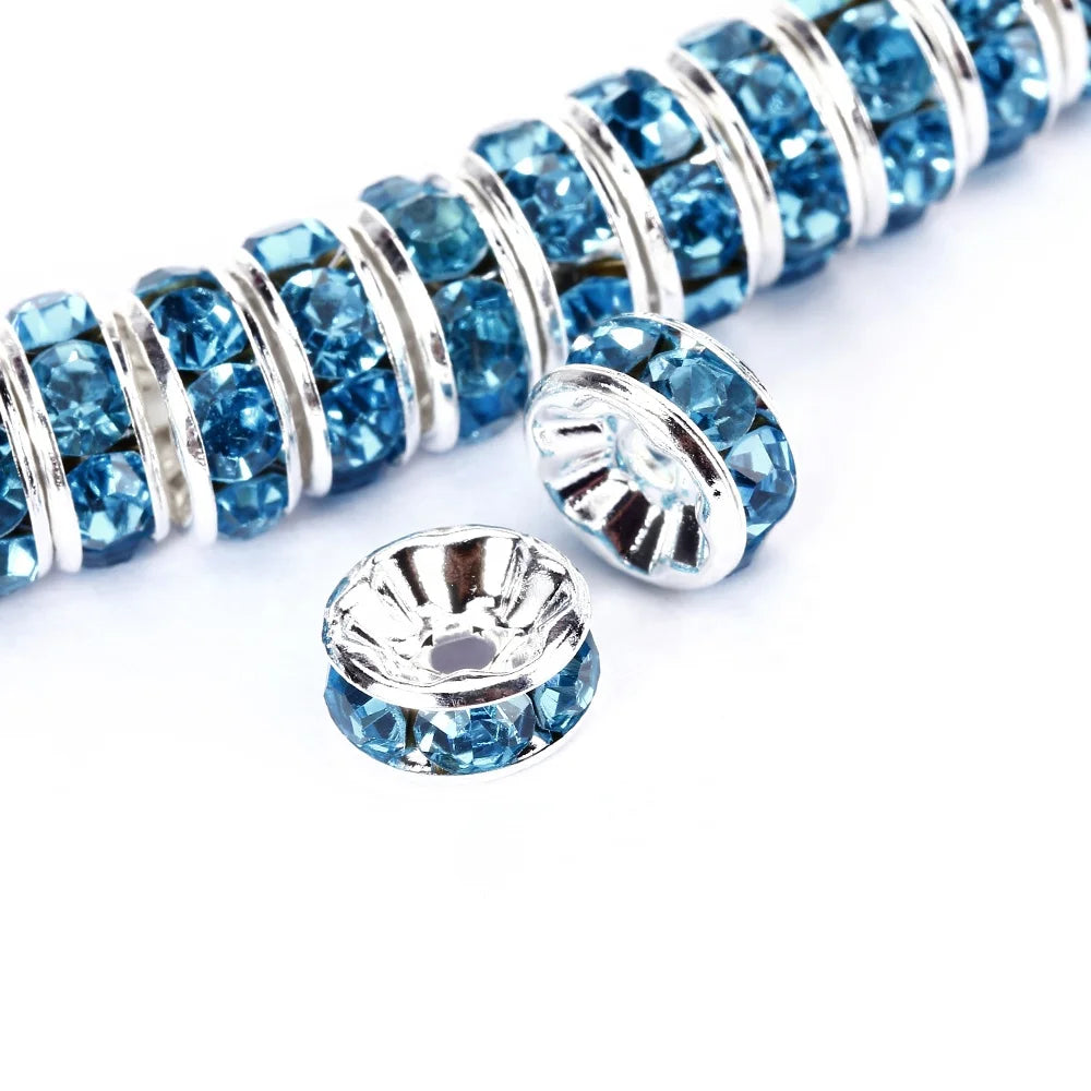 Wholesale Custom 4mm 6mm 8mm 10mm Gold/Silver Aquamarine Color Rhinestone Rondelle Spacer Beads for Jewelry Making 100pcs/Bag