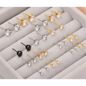 Multi Colors Waterproof Stainless Steel 18k Gold Plate Zircon Stud Birth Month Stone Stud Earring Unisex for Both Men and Women