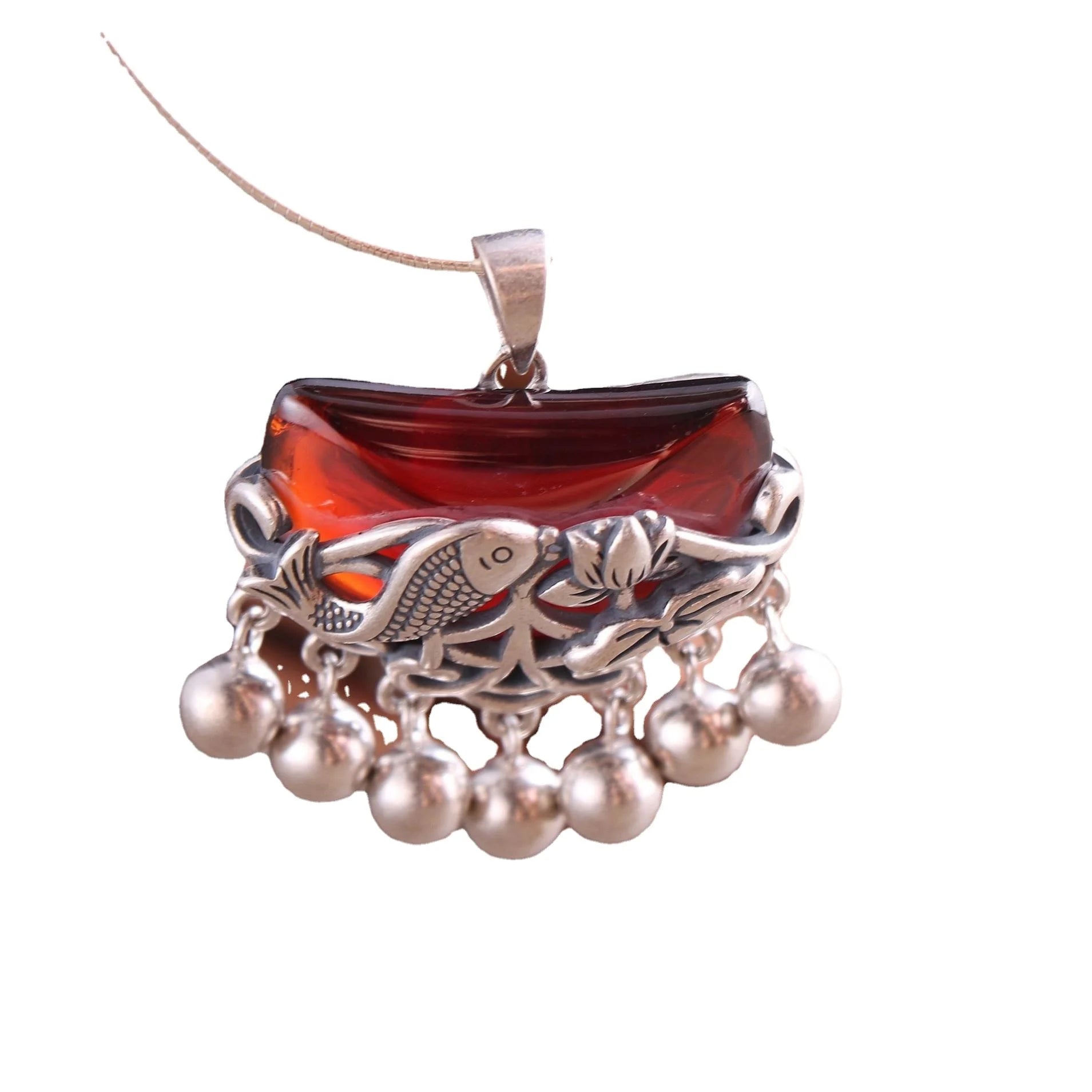 Certified S925 Ethnic Style Lotus Leaf Fish Pendant Chinese Element Pomegranate Women's Classic Sterling Silver Pendant
