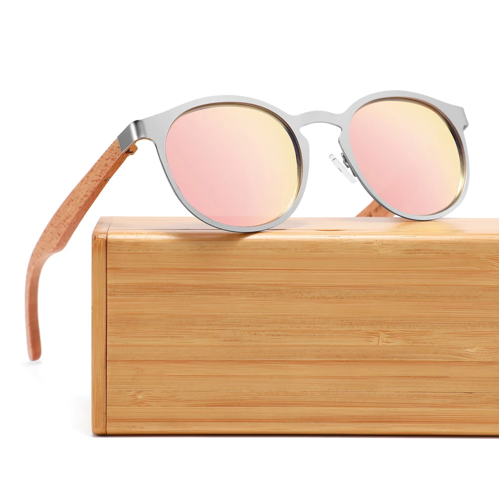 Newest Round Woman Wooden Bamboo Natural Polarized Sunglasses Pink Mirror Luxury Shades  2022