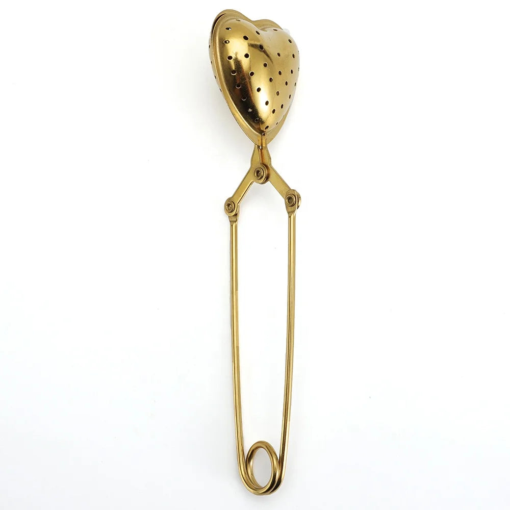 Gold 304 Stainless Steel Heart Shape Tea Infuser With Snap Handle for Brewing Loose Leaf