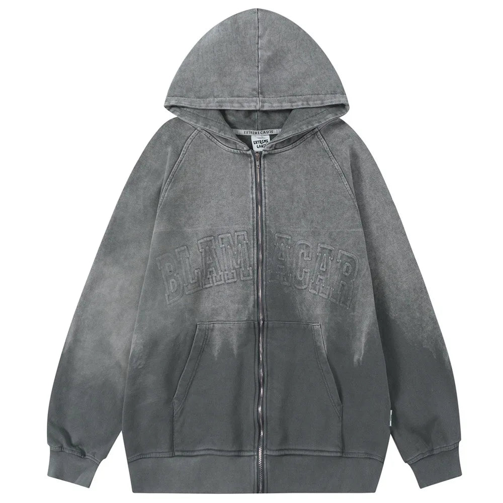 2024 Winter New Designs Washed Zipper Hoodie for Man Gray Embossed Hoodies Custom Stone Wash Zip up Hoodie
