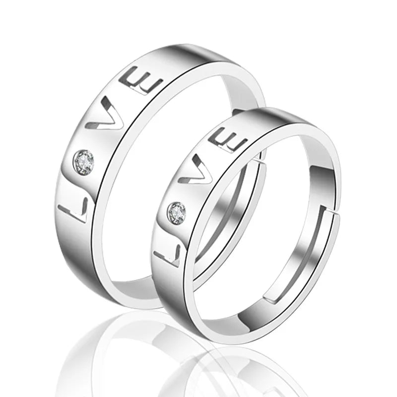 925 Silver Plated Diamond Couple Wedding Ring Women's Adjustable Open Design with Romantic Hollow Love Fashion Rings