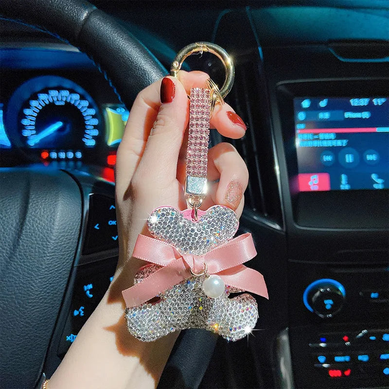 Hot Selling Full Diamond Crystal Cartoon Bear Cute Doll Keychain Lucky Rhinestone Keychain Bear