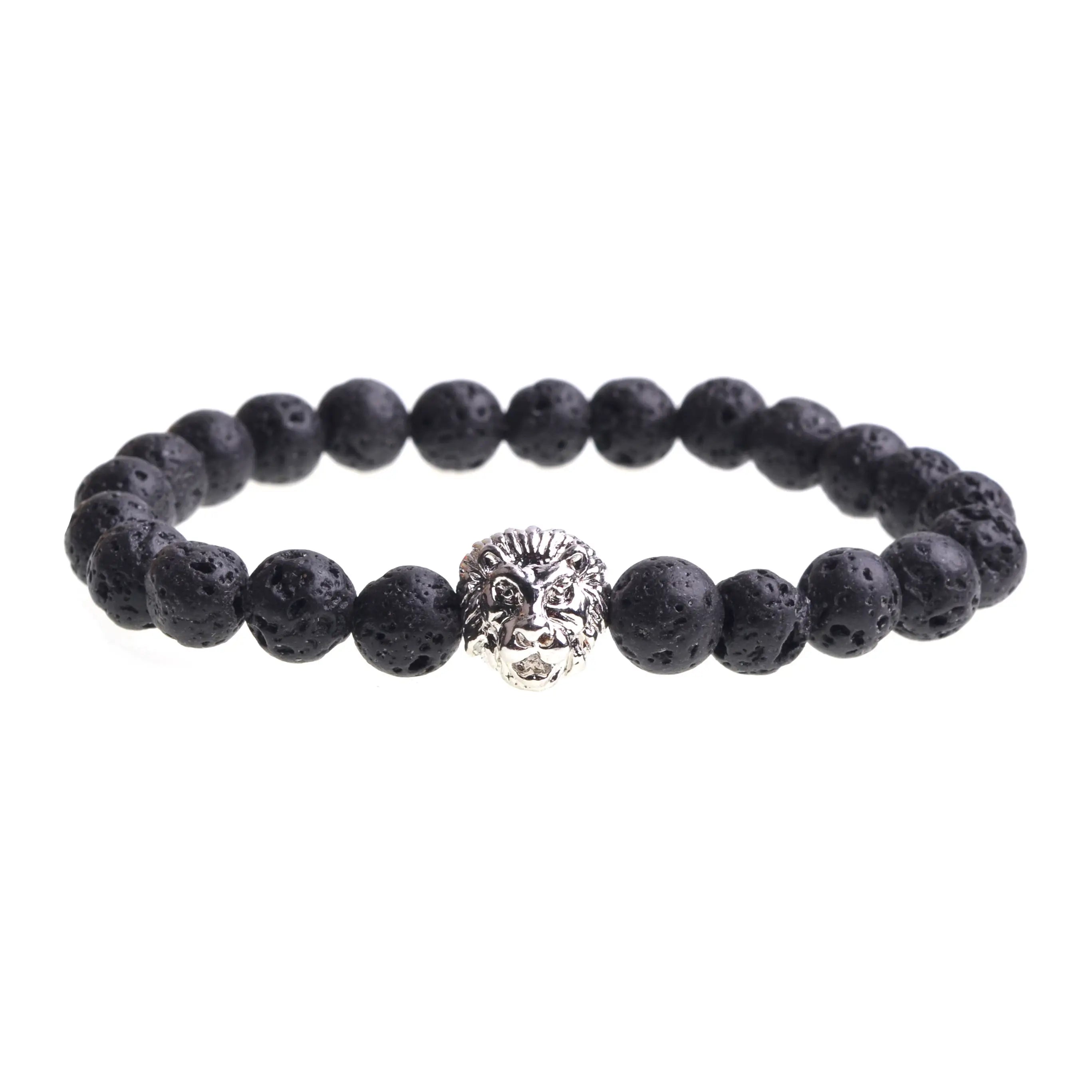 7-Chakra Natural Frosted Turquoise Stone Bead Bangle Black Elastic Bracelet Golden Lion Head Copper Animal Jewelry Yoga Gifts