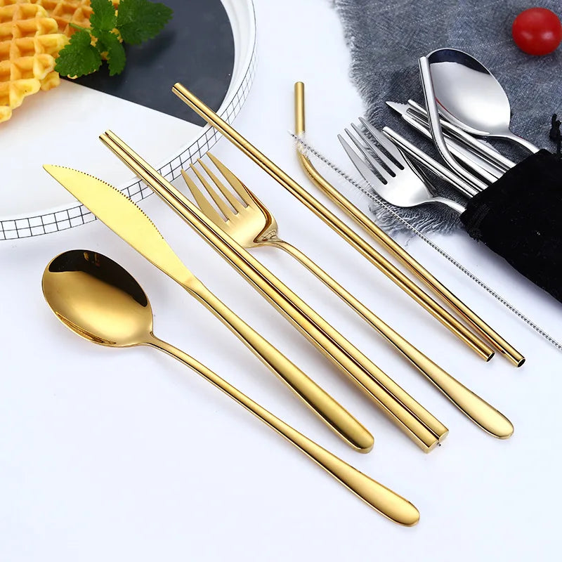 Stainless Steel Stainless Travel Portable Korean Chopsticks Straw and Fork Spoon Straw Set