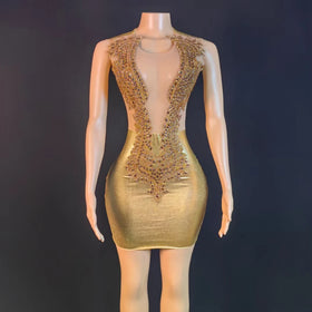 Sexy Gold Sequins Rhinestone Dinner Gown Gold Banquet Evening Dress Sleeveless Birthday Prom Dress Women Mini Party Club Dress