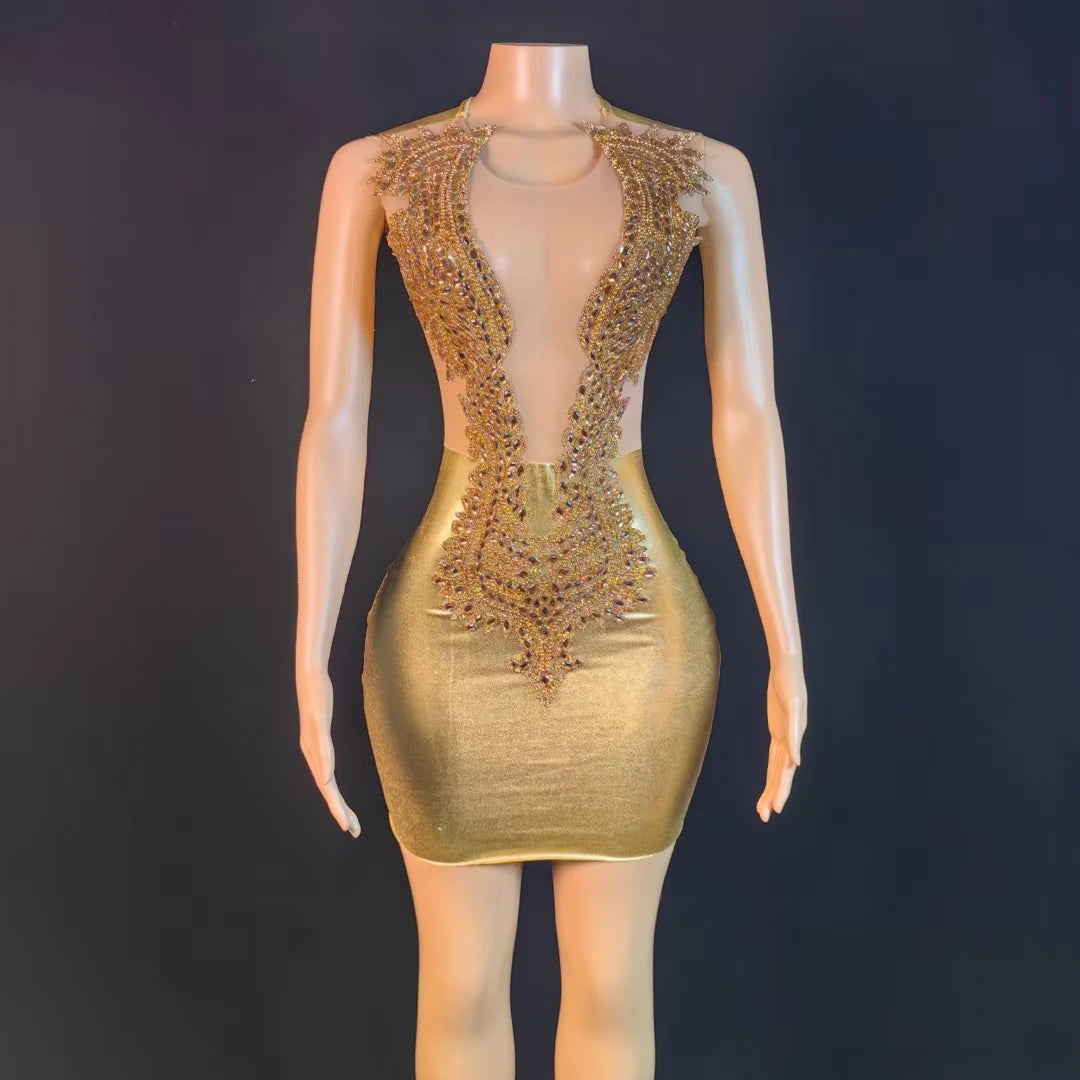 Sexy Gold Sequins Rhinestone Dinner Gown Gold Banquet Evening Dress Sleeveless Birthday Prom Dress Women Mini Party Club Dress