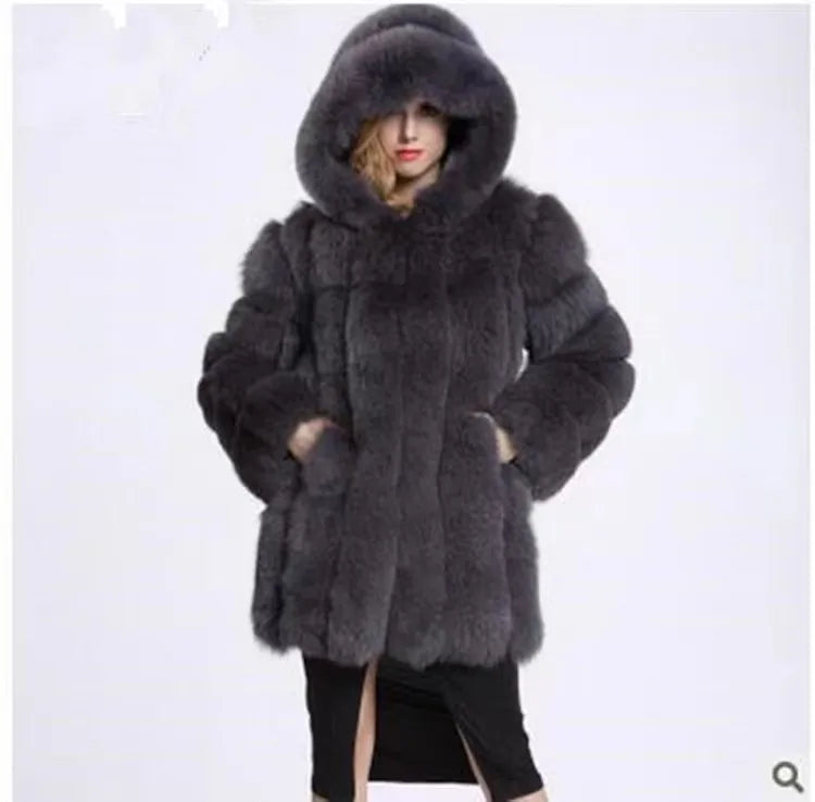 Classic Design European Hooded Fashion Real Fox Fur Long Coat