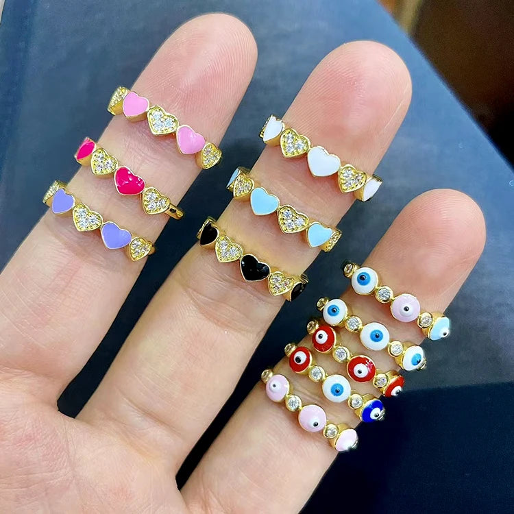 RM1305 Chic Dainty Colorful Enamel Pastel Multi Colored Cubic Zirconia CZ Micro Pave Heart Evil Eyes Rings for Ladies Women