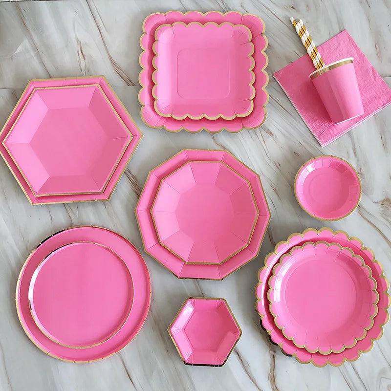 Party Supplies High Grade Durable Disposable Bright Pink Gold Border Hot Stamped Paper Dinnerware Set Eco-friendly Biodegradable
