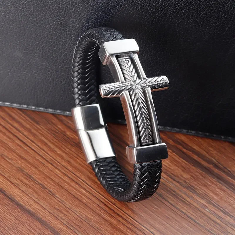 High Quality Crucifix Braided Genuine Leather Mens Bracelet Jewelry Stainless Steel Magnetic Clasp Punk Style Wristband OT-247