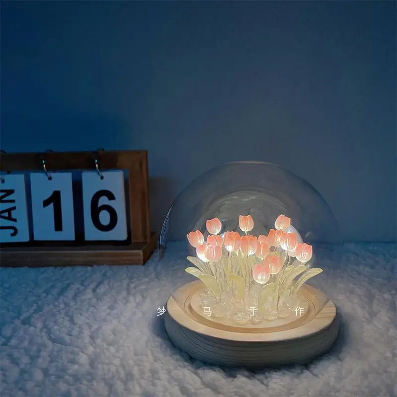 Hot Sale Creative Bedroom Decoration Gift Idea Crystal Dome LED Glass Flower Lampara De Tulipan
