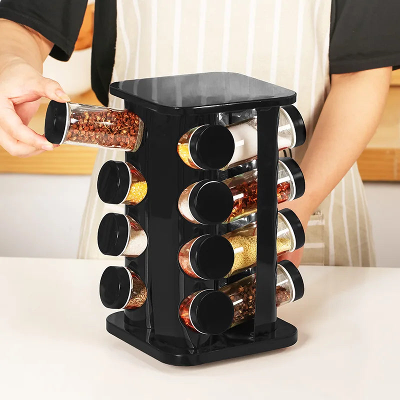 2025 Luxury Portable Decorative Spice Jar Labels Rack Set Organizer Rustic Black Glass Lazy Susan with 6pcs Tiered for Storage