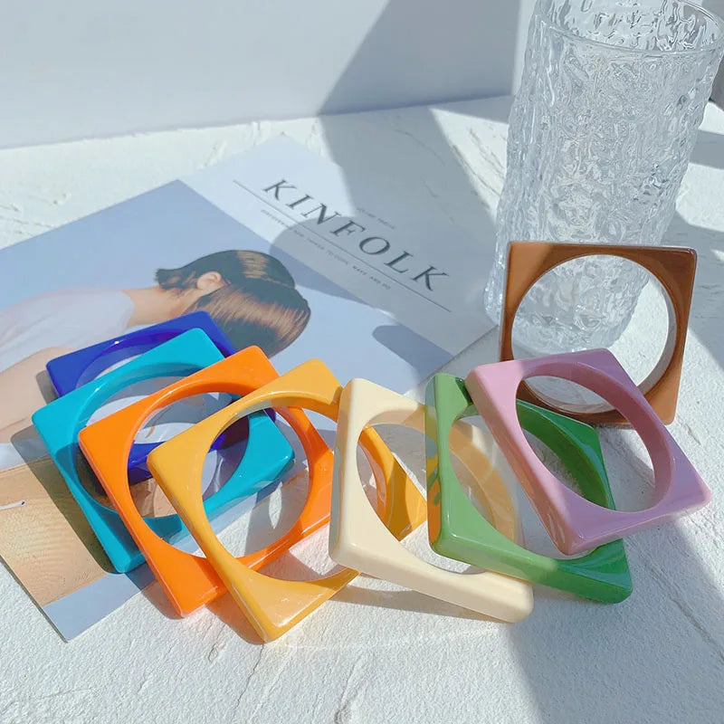 New Fashion Colorful Large Square Geometric Resin Acrylic Charms Bracelets Bangle for Women