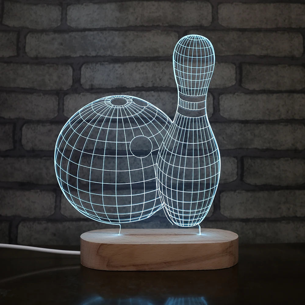 Bowling Pattern Advertising Led Lamp 3d Illusion Lamp for Store Laser Engraved Sport Player Lover Gift Wood Base Lamp