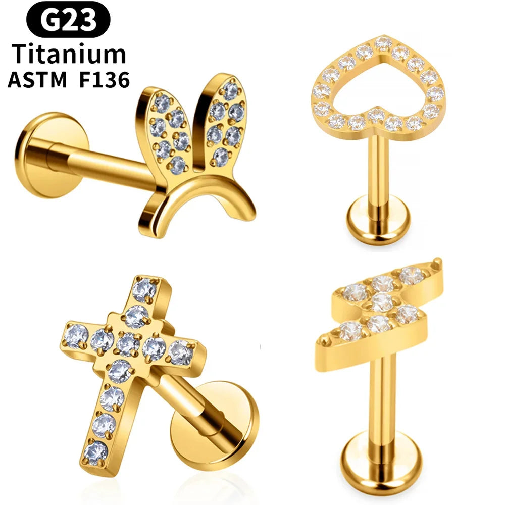 G23 Titanium 16G Piercing Stud Earrings Cross Zircon Helix Tragus Cartilage Body Jewelry Internal Thread Heart Labret Children's