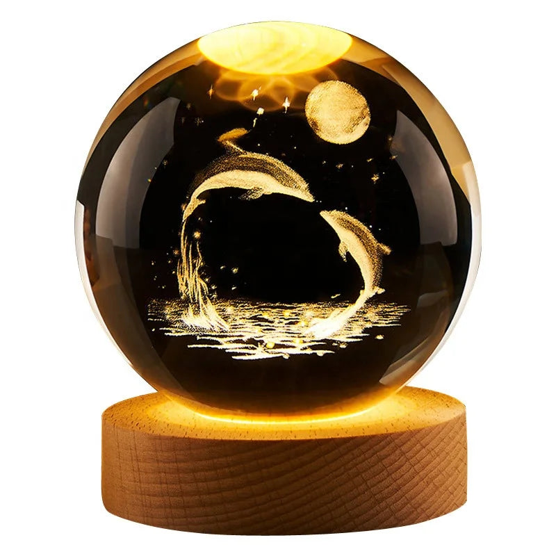 Wholesale Birthday Gift 3D Laser Engraved Galaxy Luminous Crystal Glass Ball Night Light Ornaments With LED Base