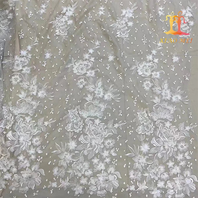 High Quality 100% Polyester Eco-Friendly White Fancy Sequins Embroidery Bridal Mesh Lace Fabric XM-BF0481