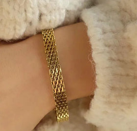 Zooying 18k Pvd Gold Stainless Steel Waterproof Watch Clasp Mesh Chain Tennis Bracelet