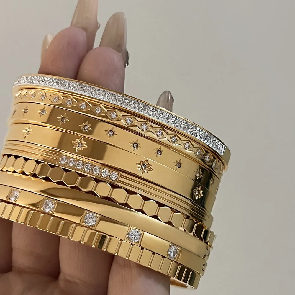 CLIORO Trending Gold Plated North Star CZ Inlaid Cuff Set Tarnish Free Stainless Steel Bracelets & Bangles
