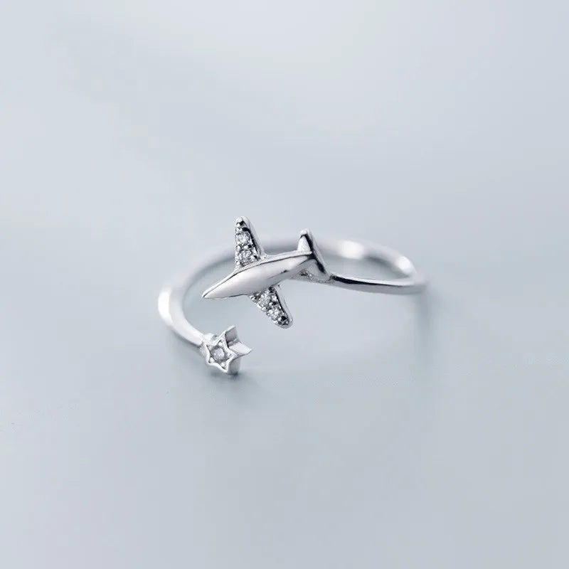 Cubic Zirconia Airplane Shape Ring Adjustable Open Small Star 925 Sterling Silver Finger Rings FashionJewelry for Women Girls