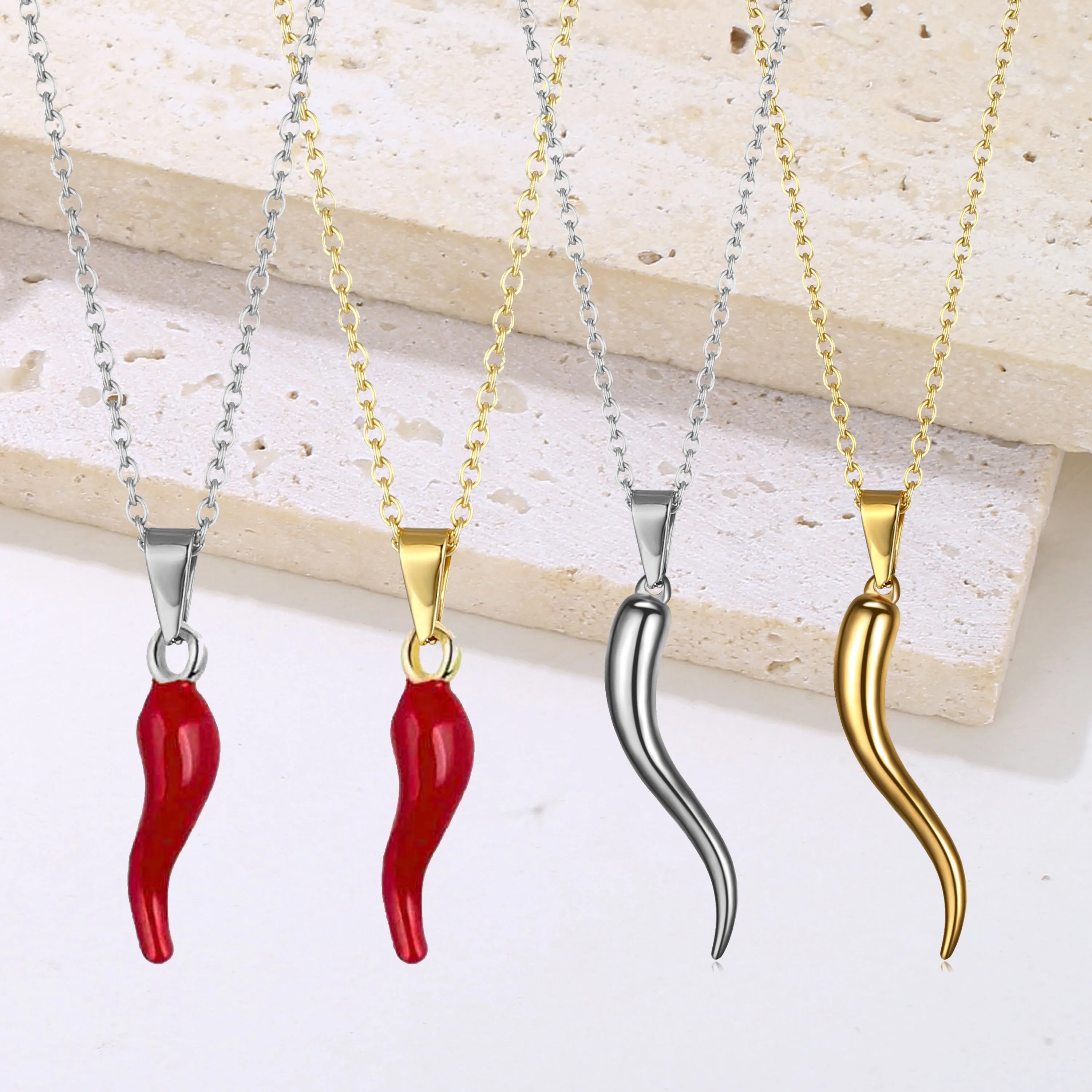 Non Tarnish Water Proof Jewelry Lucky Italian Horn Cornicello Chili Charm Pendant Necklace Enamel Red Hot Chilli Pepper Necklace