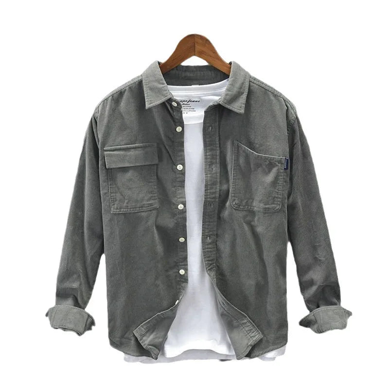 RNSHANGER New Plain Shirt Men's Cargo Jacket Casual Spring Autumn Loose Coat Spring Cardigan Turn-down Collar Male Shirt